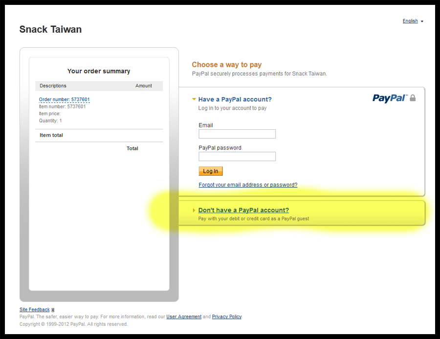 Screenshot showing link for users without PayPal accounts